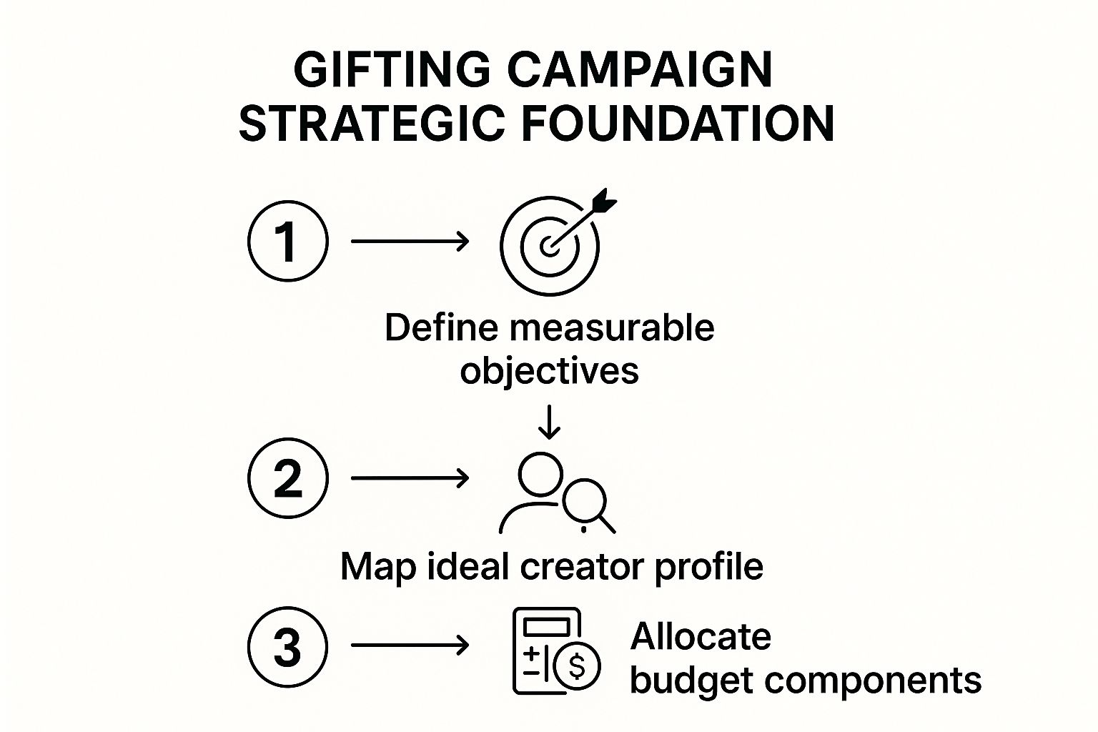 Infographic showing the three steps of a gifting campaign strategic foundation: Define measurable objectives, Map ideal creator profile, and Allocate budget components.