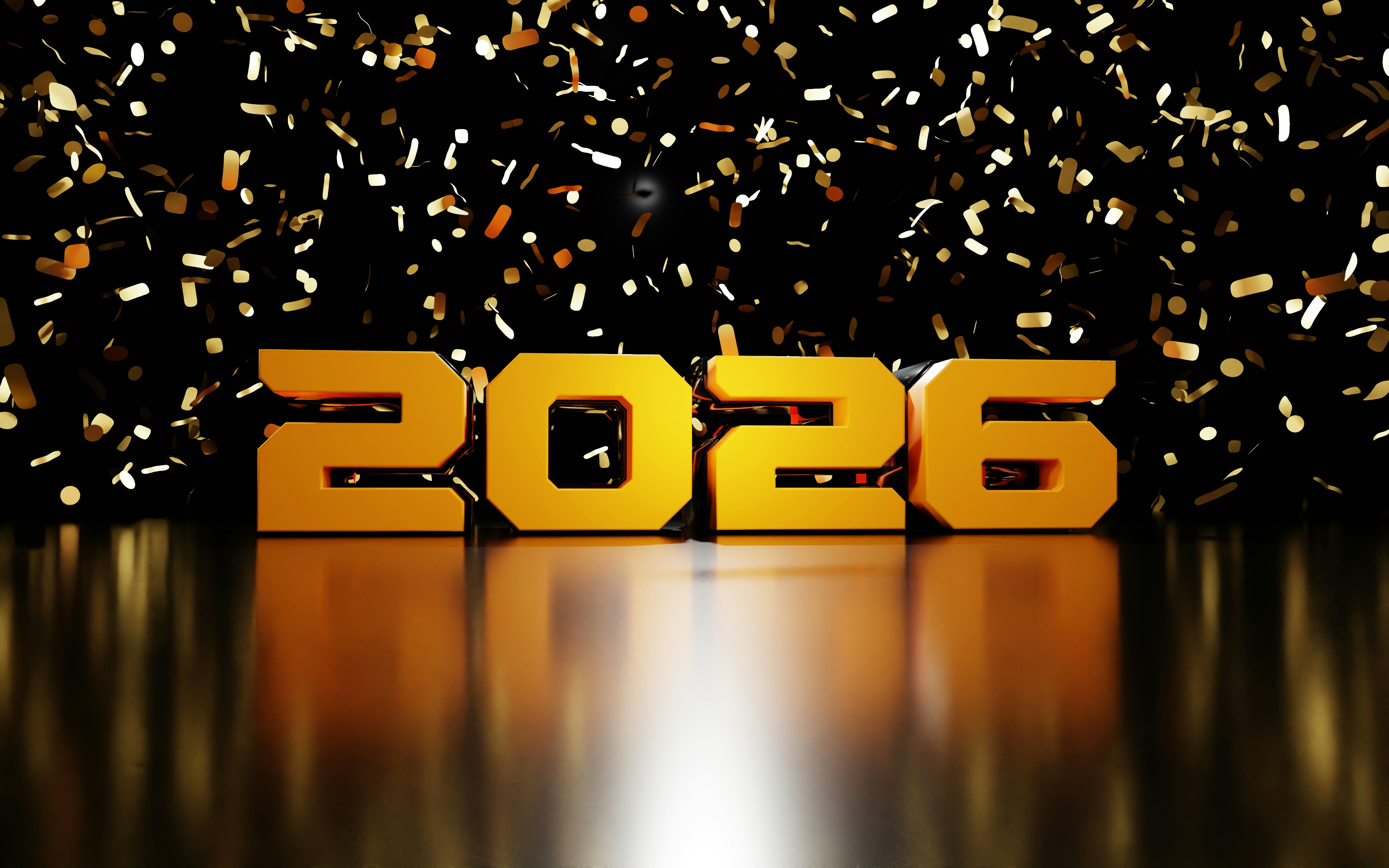 Golden 2026 text with falling confetti