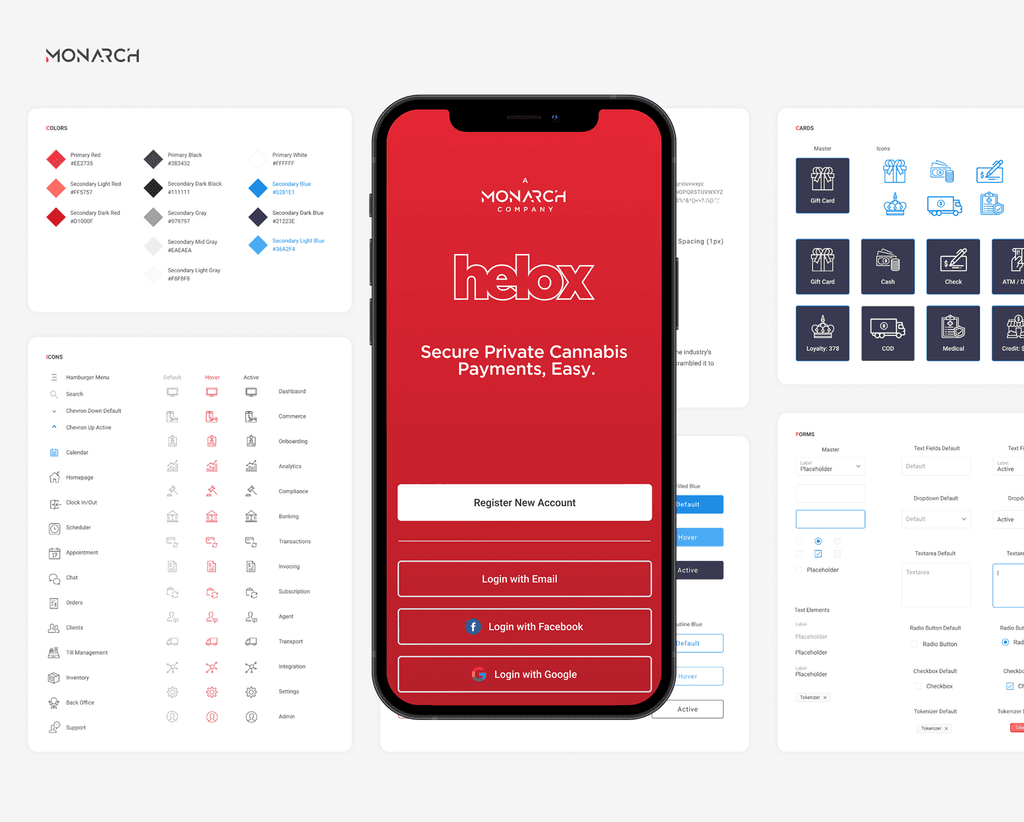 Helox payment app UI on a smartphone: Red screen with logo and tagline, showcasing secure private cannabis payment software development.