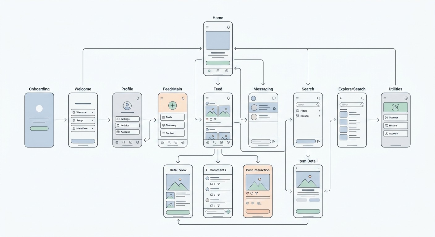 Mobile app user flow and information architecture diagram connecting app screens with arrows