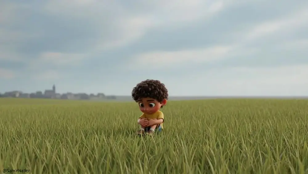Scene 8: the boy sitting small in the middle of a huge empty field