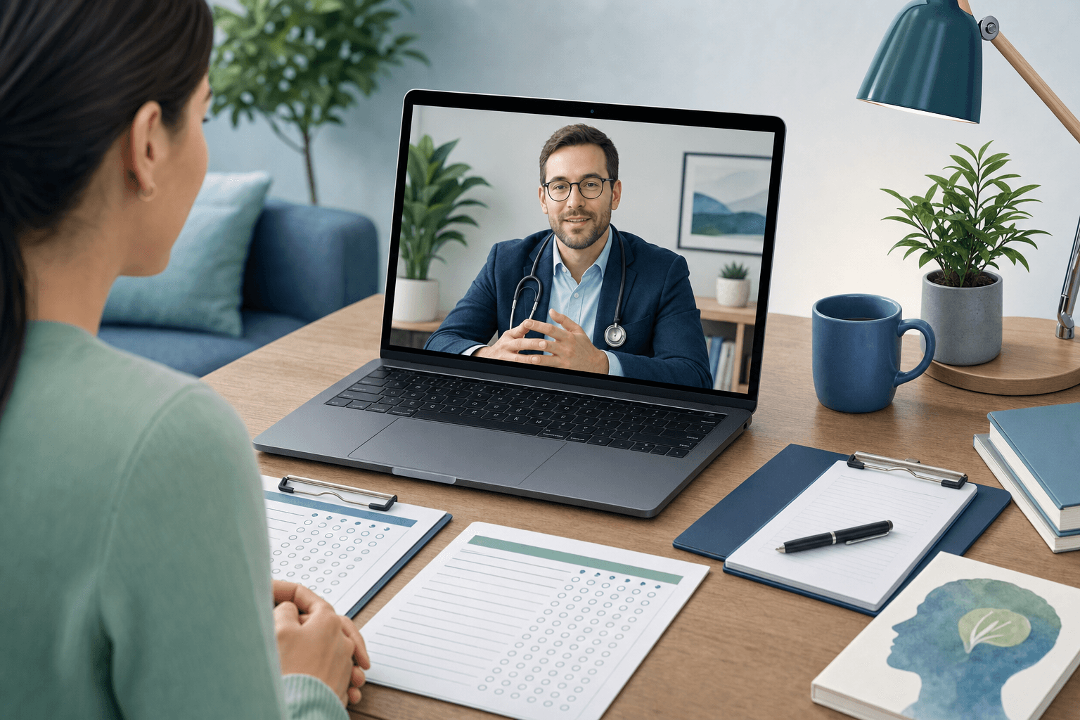 A clean, modern illustration of a telehealth psychiatric assessment scene. Show a licensed clinician on a laptop screen conducting a video call consultation, with assessment materials like validated rating scales and clinical notes visible on a desk. The scene should convey professionalism, warmth, and clinical credibility. Use calming blues and greens with a minimalist, professional healthcare aesthetic. No text or words in the image.