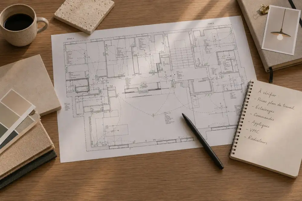Plan technique électrique d'une rénovation intérieure avec notes de vérification, carnet de suivi et nuancier, préparation de chantier en maîtrise d'oeuvre
