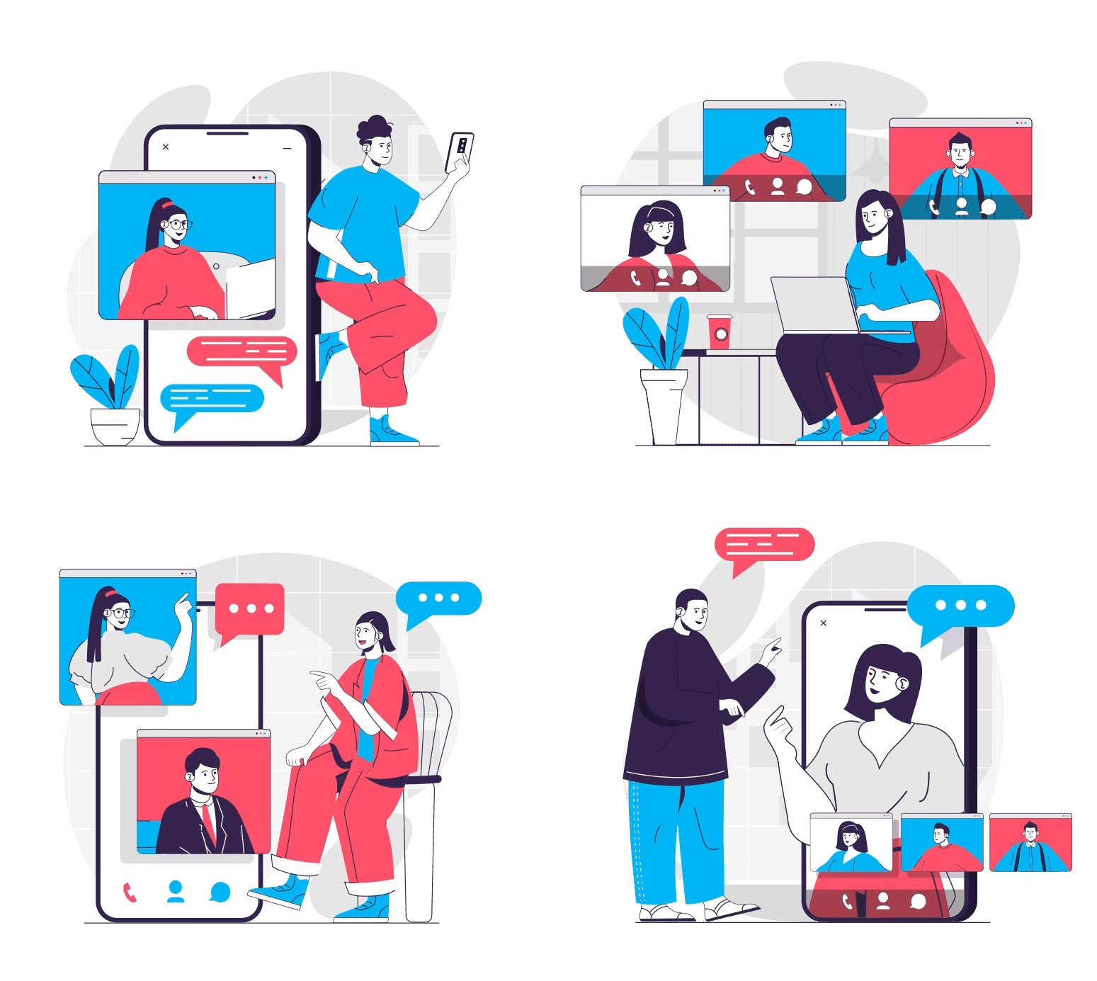 A grid of four illustrations depicting people on video calls with each other via mobile phones and laptops