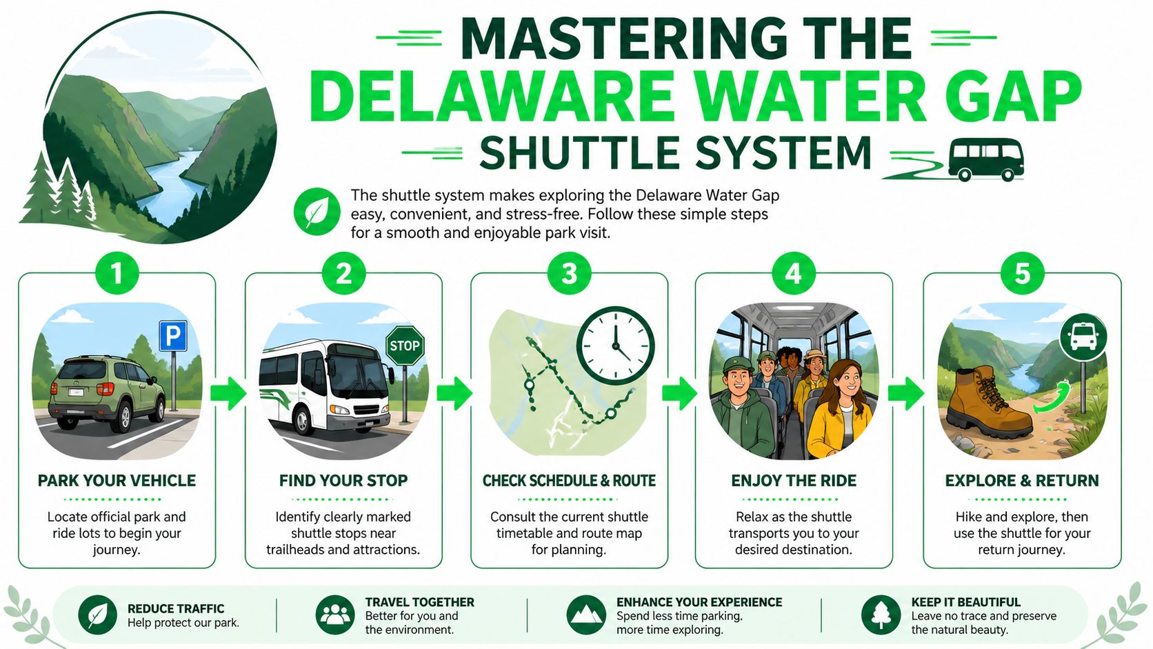 An instructional infographic explaining the five-step process for using the Delaware Water Gap park shuttle system.