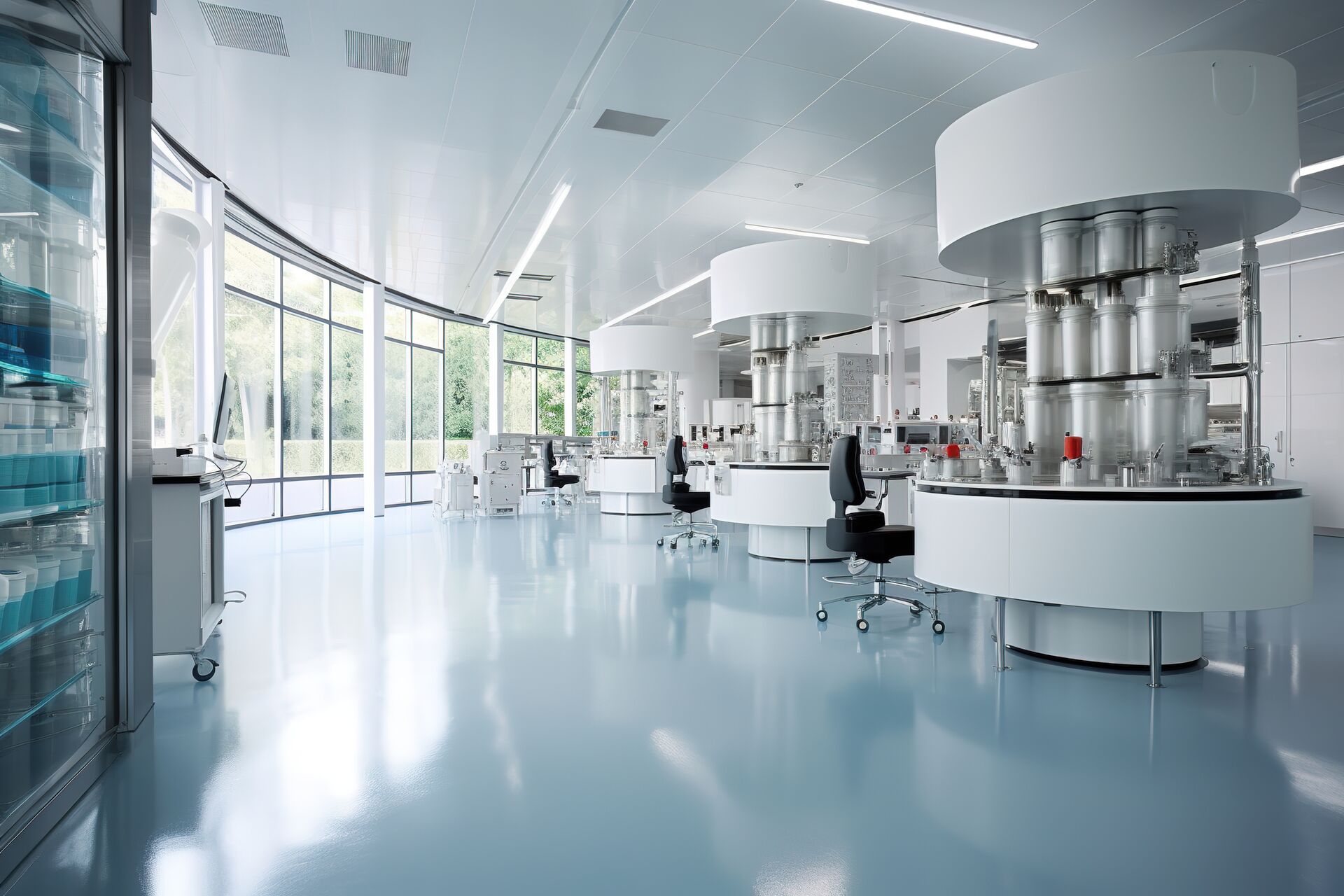 Close-up of a scientist holding a tray of petri dishes with purple cultures, wearing gloves and safety gear.