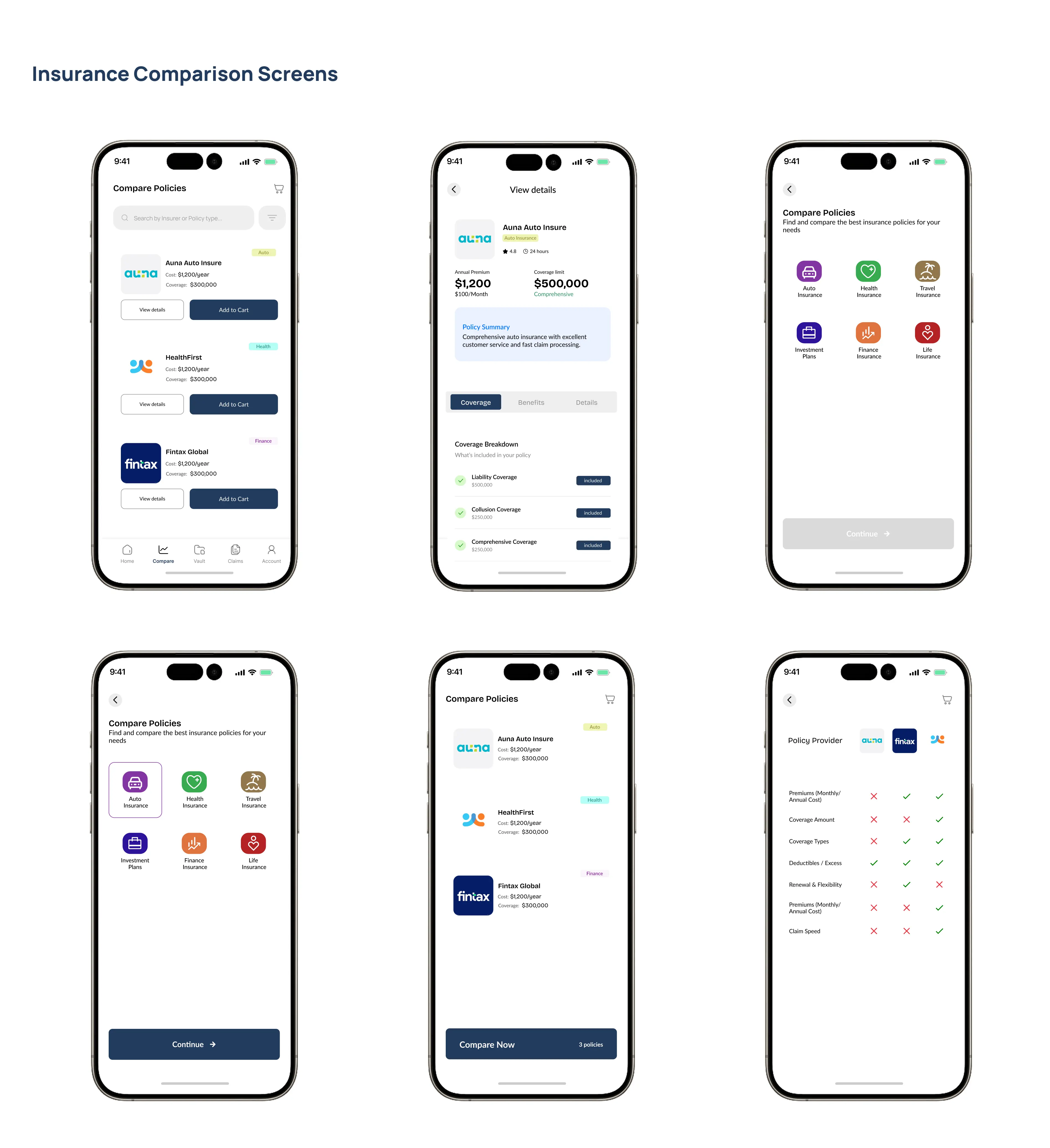 Comparison screens to help users easily evaluate multiple policies side-by-side without confusion.