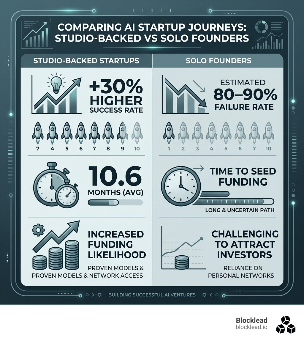 Infographic: Studio-backed startups vs solo founders - success rate, time to seed, funding likelihood - ai startup studio