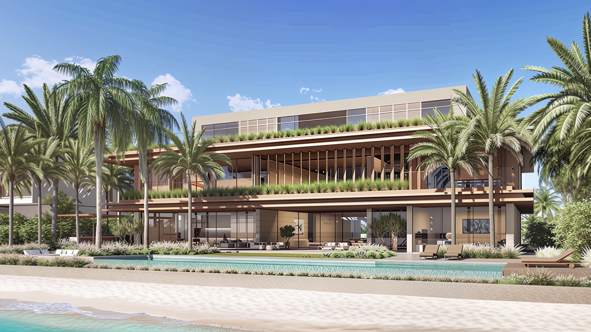 The beachfront villa at Marbella resort features signature design elements, offering luxurious views of the ocean and sand.
