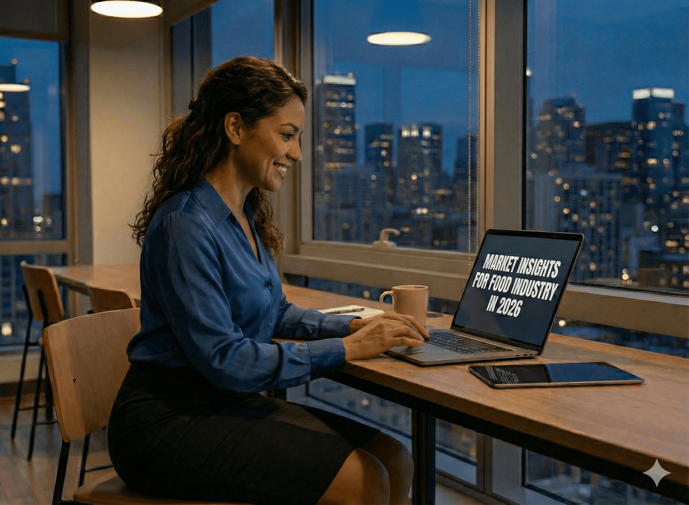 Smiling woman using Decision Intelligence AI for market, competitor, customer insights.