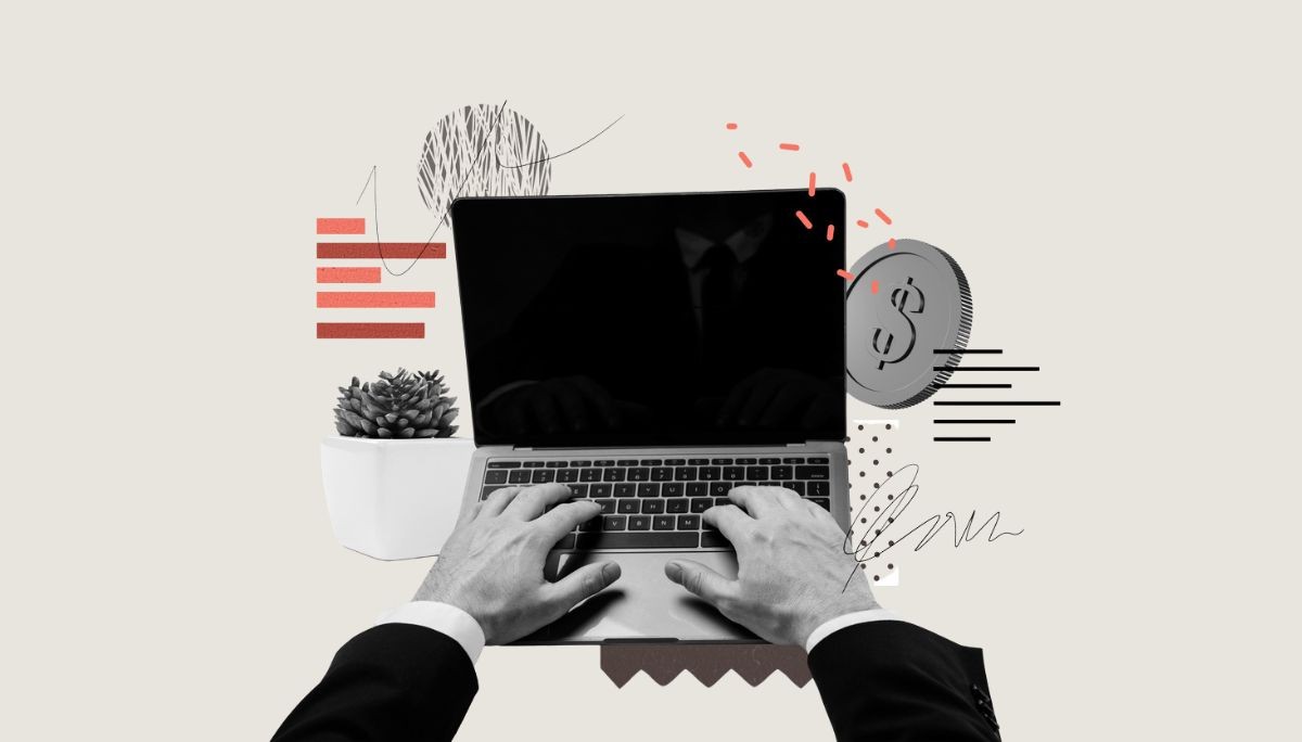 Person in a suit typing on a laptop with abstract charts and a dollar‑sign icon, symbolizing the structured phases of the software testing life cycle.