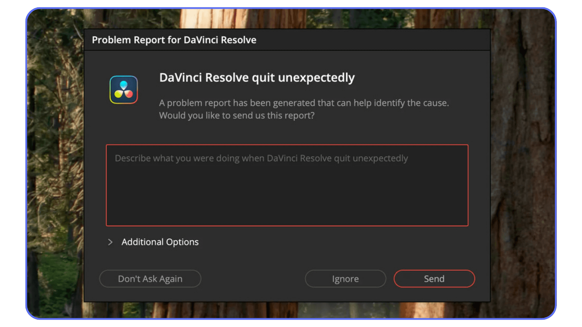 DaVinci Resolve crash report window asking the user to describe what they were doing before the software quit unexpectedly.