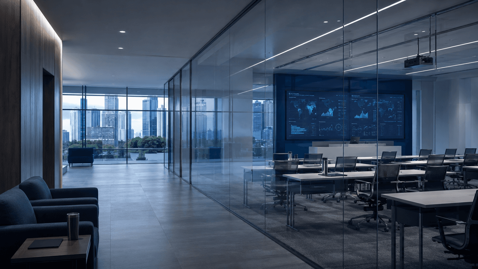 Wide Corporate Office Interior in Institutional Blue Colour Grade