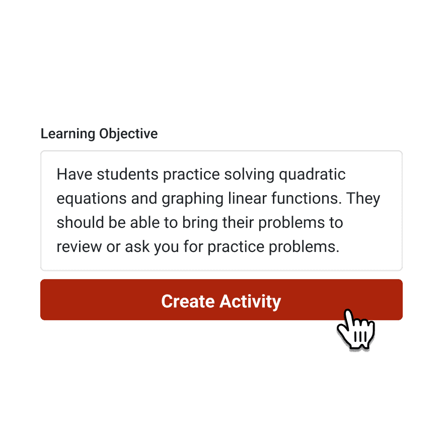 Interface showing a learning objective for quadratic equations and linear functions practice, with a red 'Create Activity' button below.