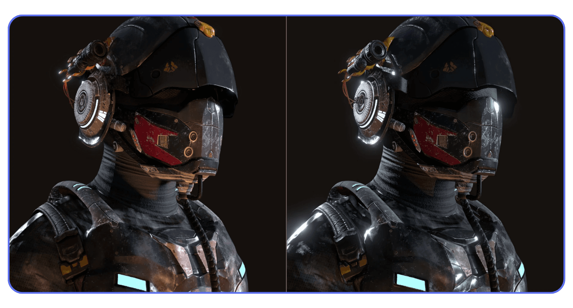 Blender Cycles render comparison of a sci-fi character showing lighting and noise differences between two render setups
