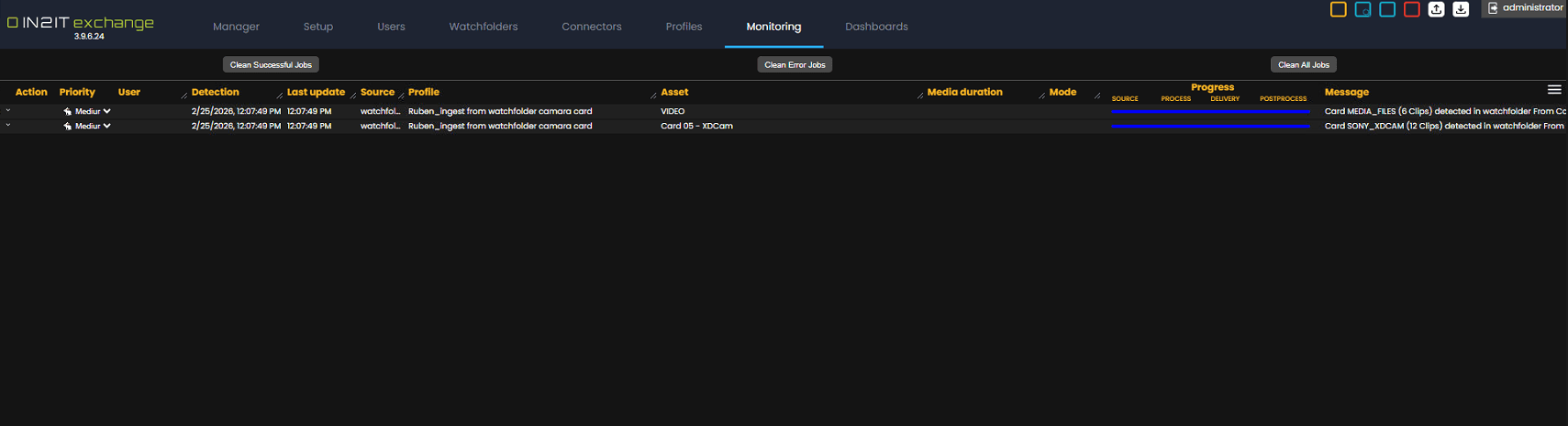 Professional monitoring interface within the Woody Vision SaaS platform. The dashboard displays status updates for different media assets, highlighting the platform's reliability for enterprise-grade newsrooms that need to manage high volumes of user-generated content (UGC) and live social streams.