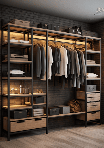 A stylish open wardrobe with hanging clothes, shelves, and drawer storage, illuminated by soft lighting.