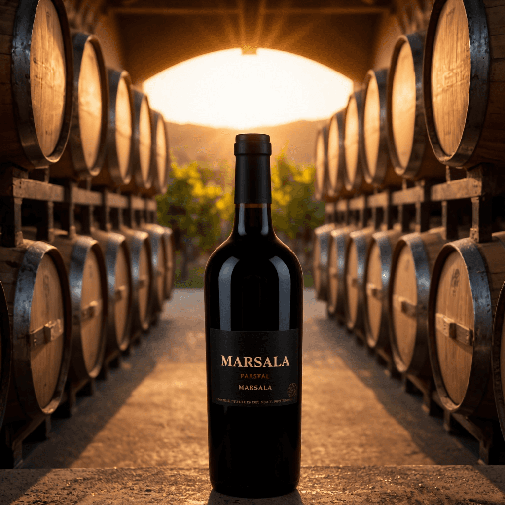 product photography of a bottle of Marsala wine, used for cooking and drinking, with a dark brown glass body and a black cap