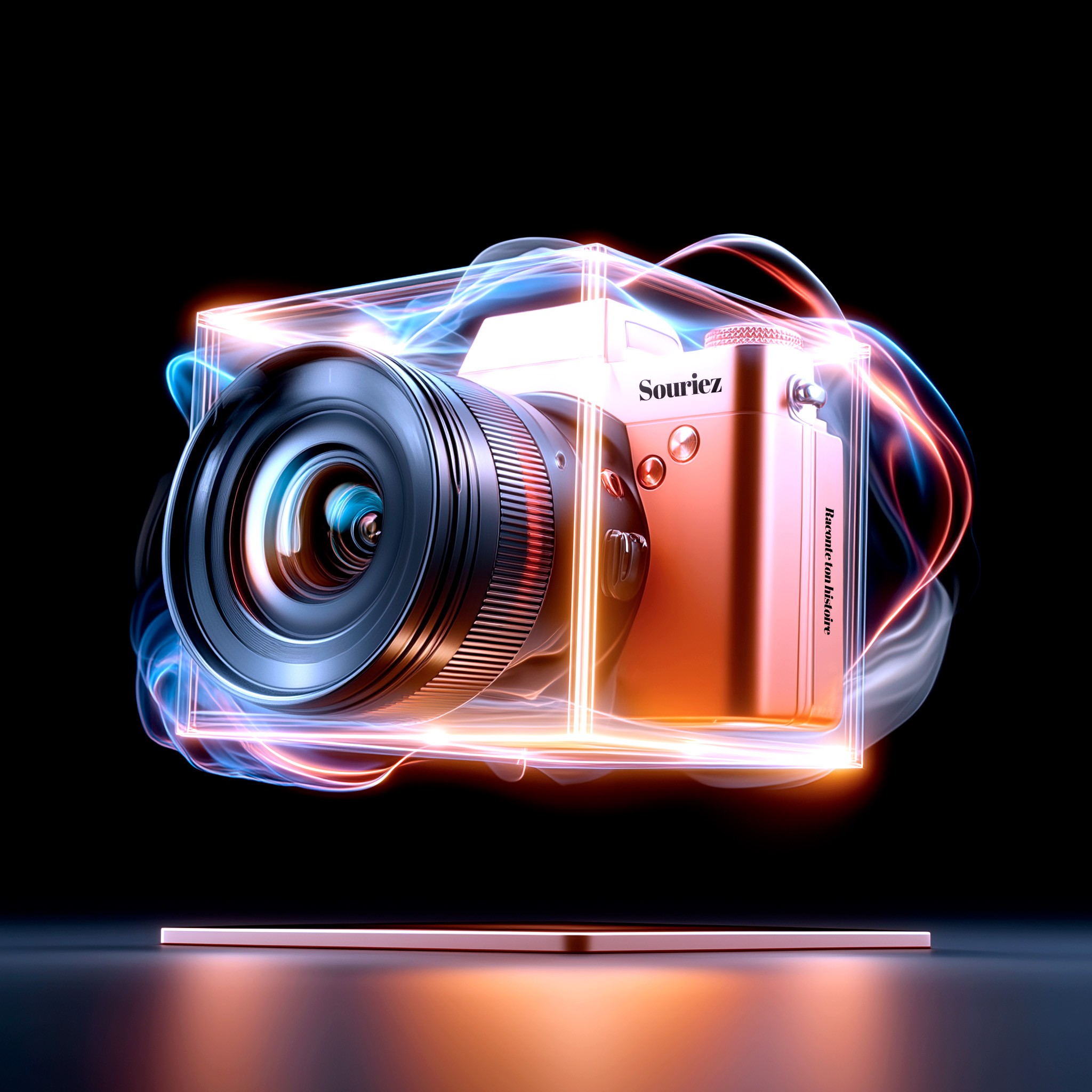 Illustration conceptuelle et futuriste d'un appareil photo hybride (mirrorless) de couleur cuivre ou or rose, représentant la création de contenu Photo & Vidéo. L'appareil photo est entouré d'un halo lumineux de forme cubique, fait de lignes de néon bleu et orange, symbolisant le storytelling visuel et l'innovation digitale. De la fumée stylisée ou des traînées de lumière s'échappent des bords. L'image repose sur une fine plateforme sombre, le tout sur un fond noir. Ce visuel est une métaphore des services de Nux-Studio pour 'raconter en image', illustrant une production vidéo et photo de haute qualité, moderne, et engageante pour le branding digital et les médias.