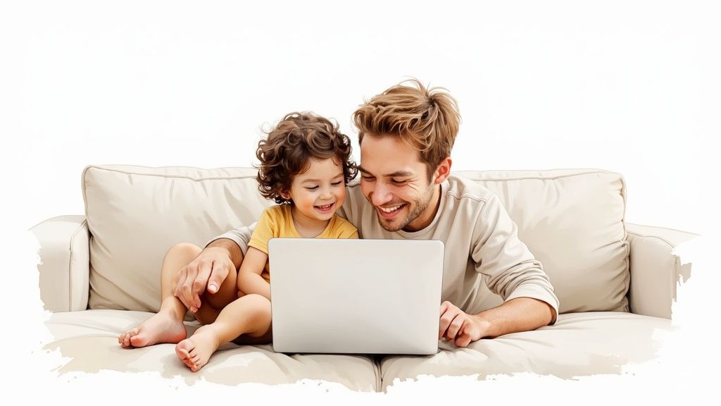 A happy father and child sitting on a couch, looking at a laptop and smiling.