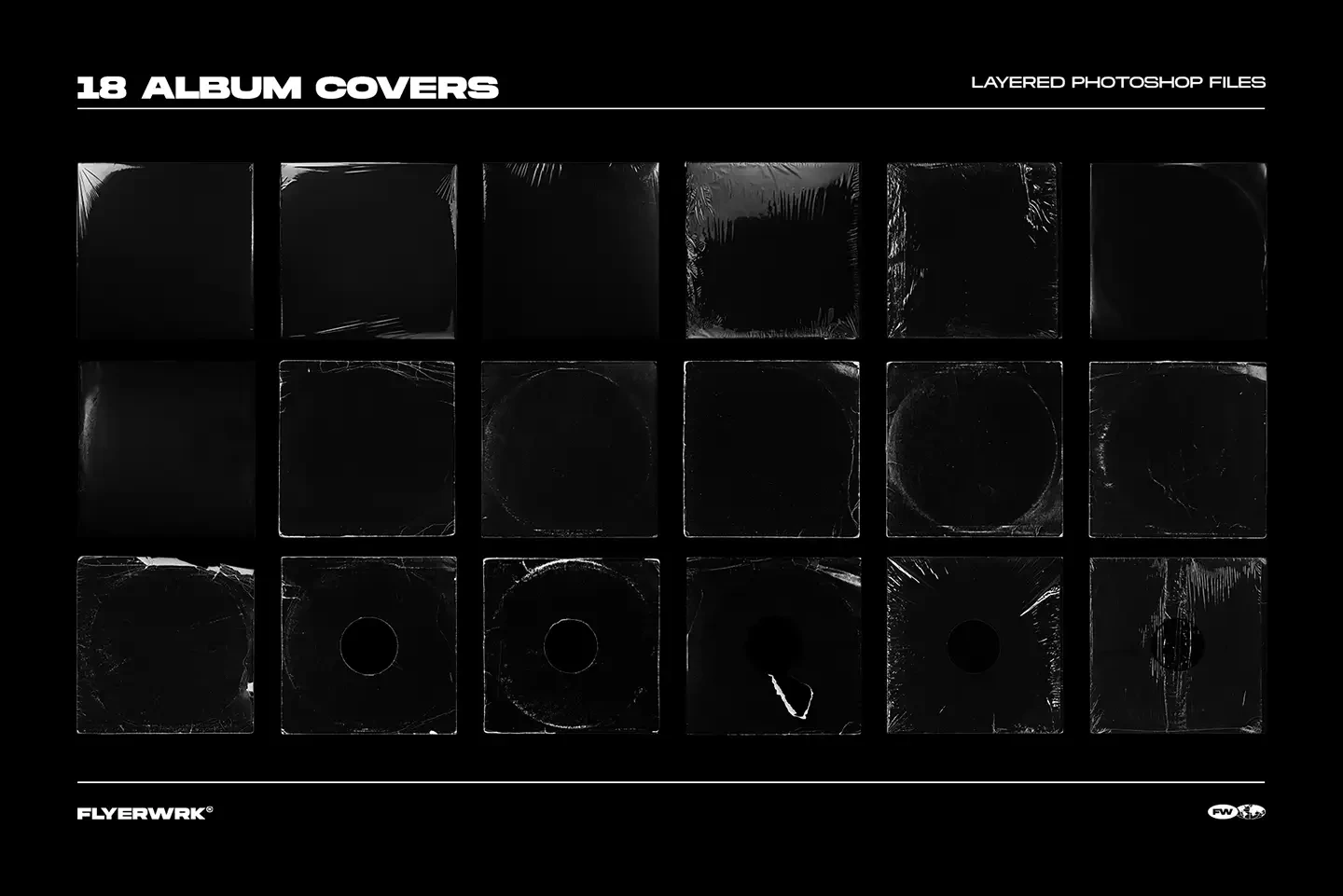 Vinyl record mockup bundle grid showing multiple vintage album cover textures