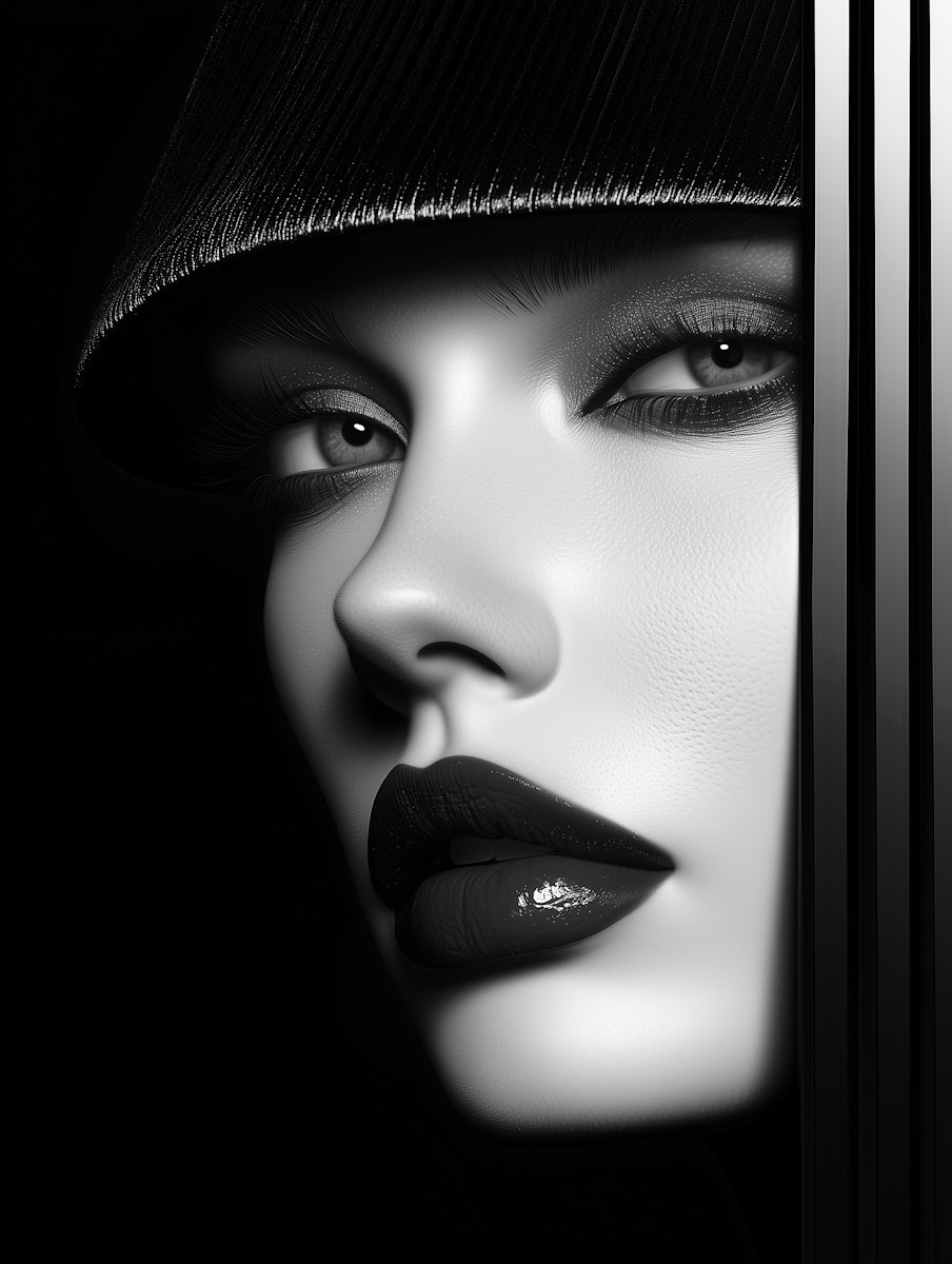 Black and white portrait of a woman with glossy lips and intense gaze, wearing a textured hat. High contrast and mysterious vibe.