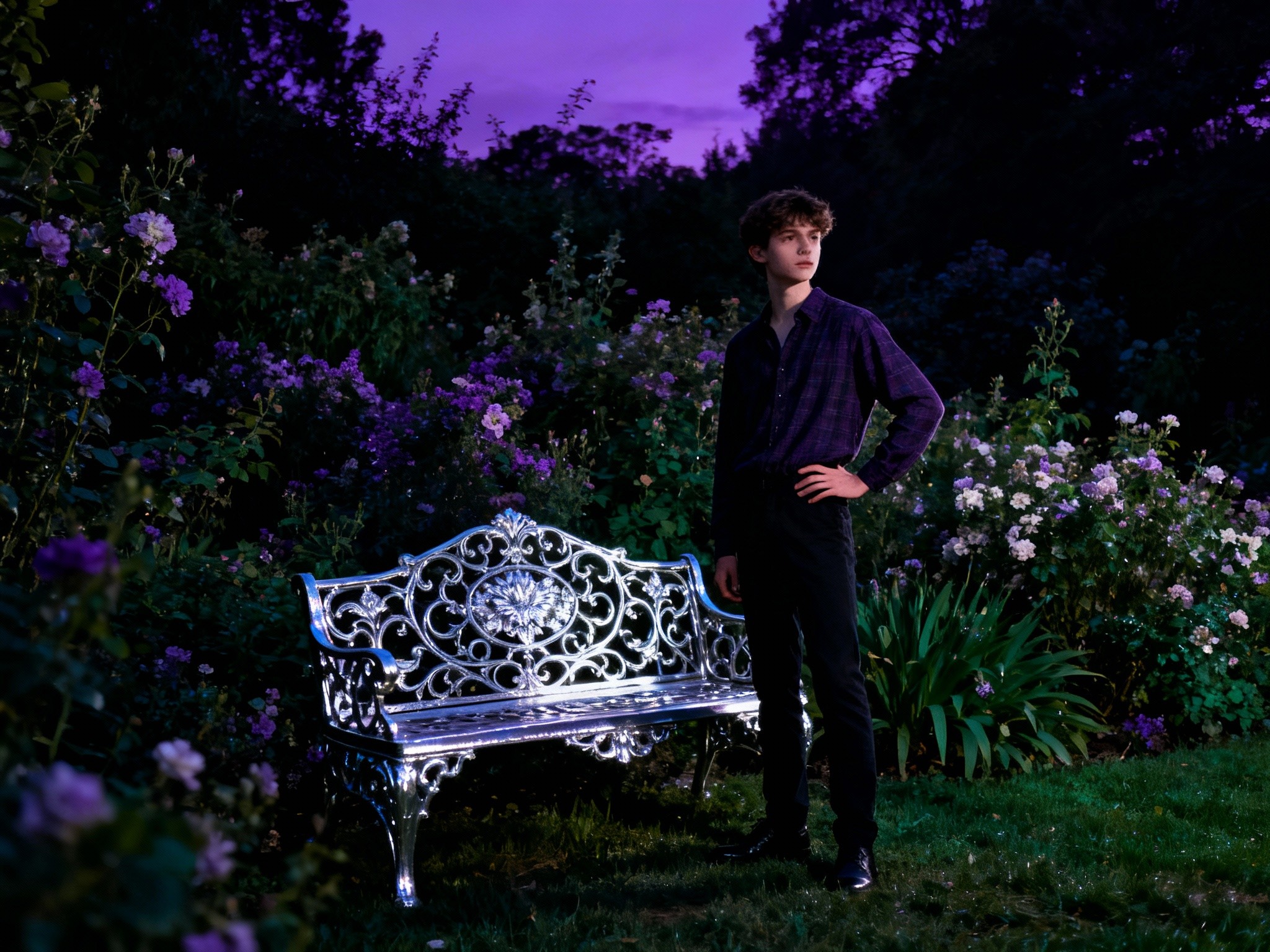 At twilight in a lush garden filled with blooming flowers, a young man confidently holds a hand on