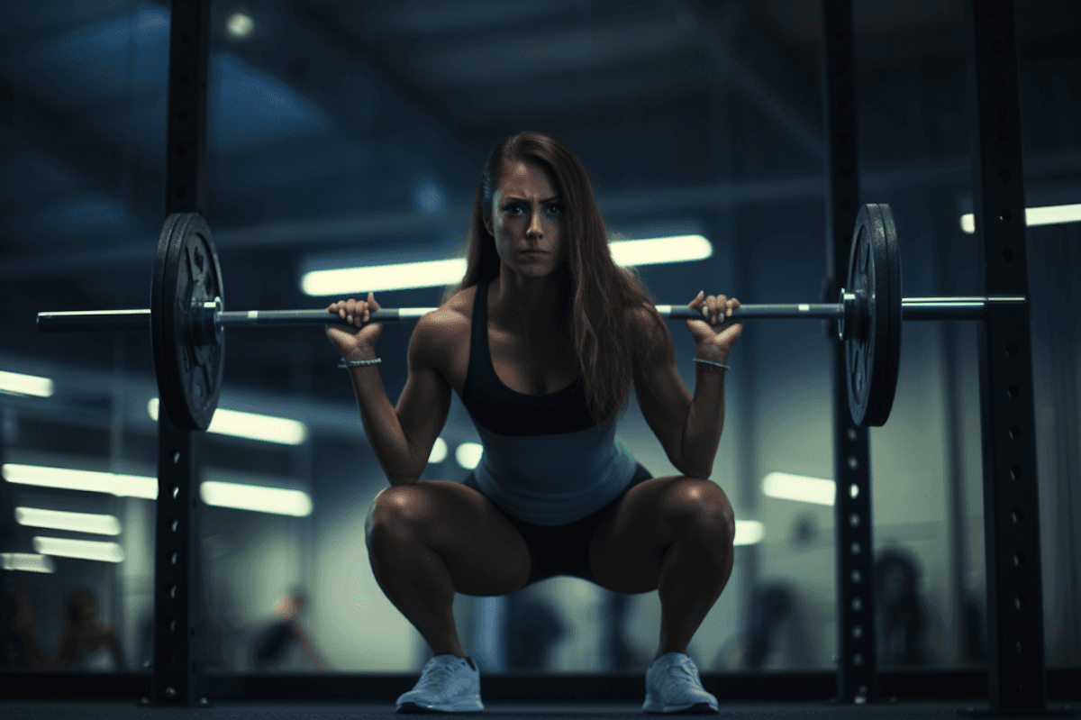 Focused woman with long brown hair performing barbell front squat in gym.