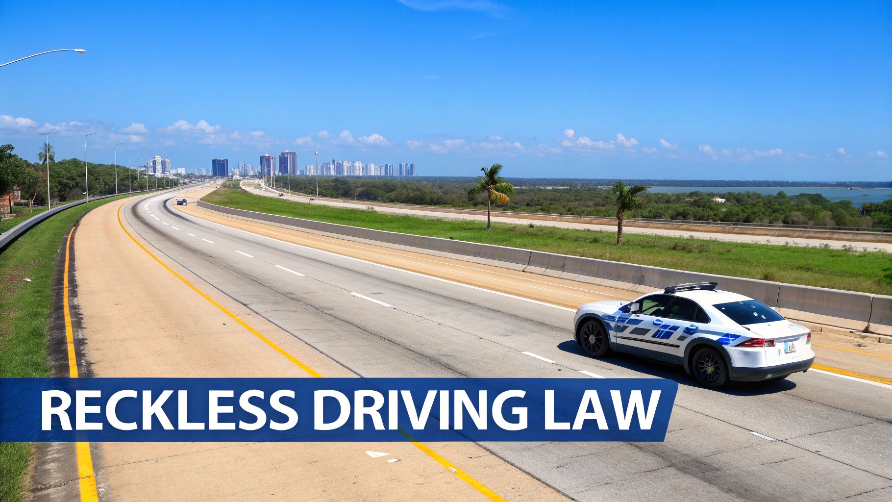 A police car on a highway with a city skyline in the distance and text 'RECKLESS DRIVING LAW'.