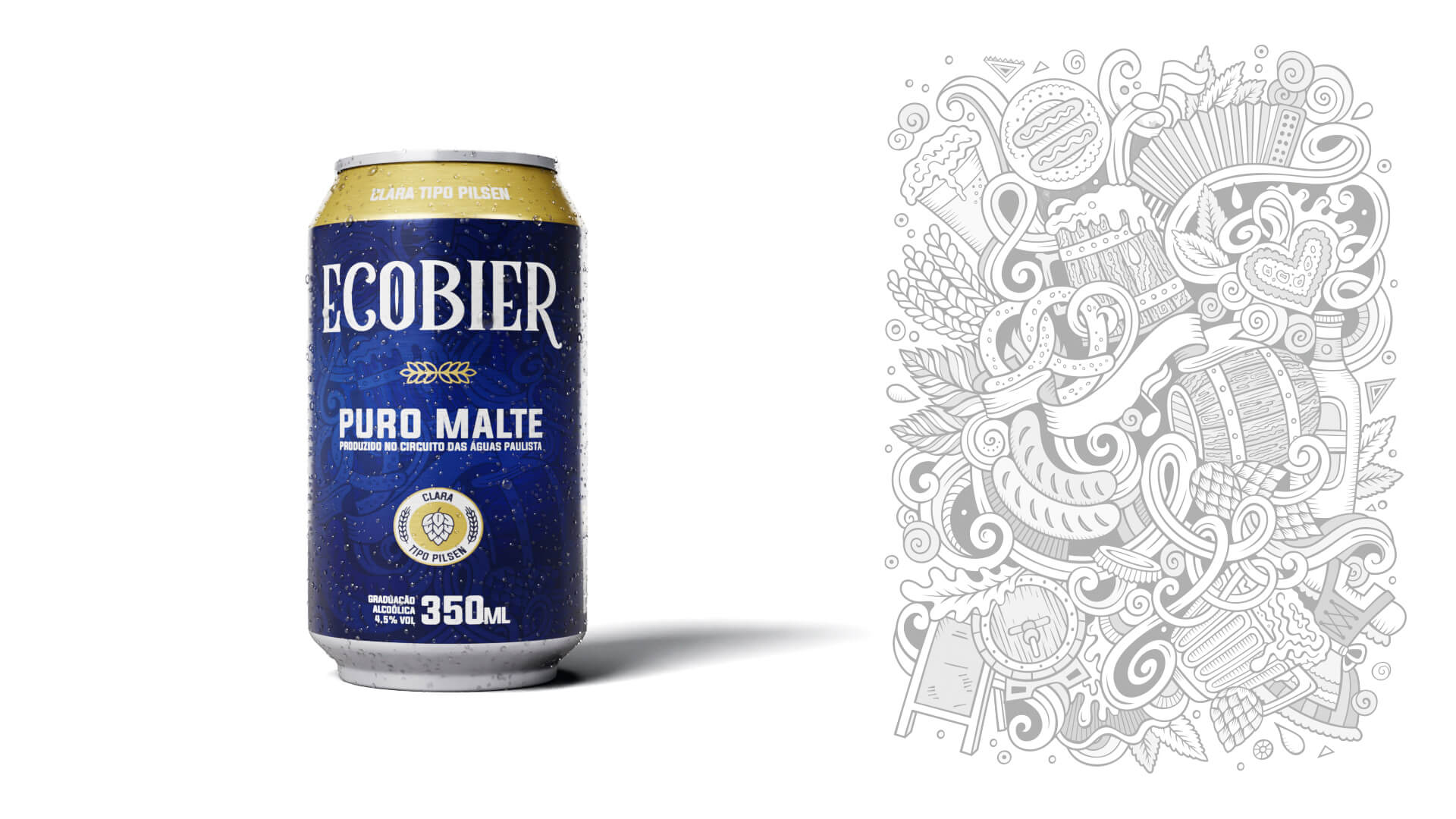 Visualization of the Ecobier can next to a detailed vector doodle pattern that makes up the background texture of the brand's identity.
