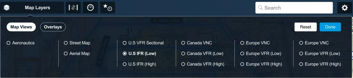 Map Layers window with grouped radio buttons, Reset and Done