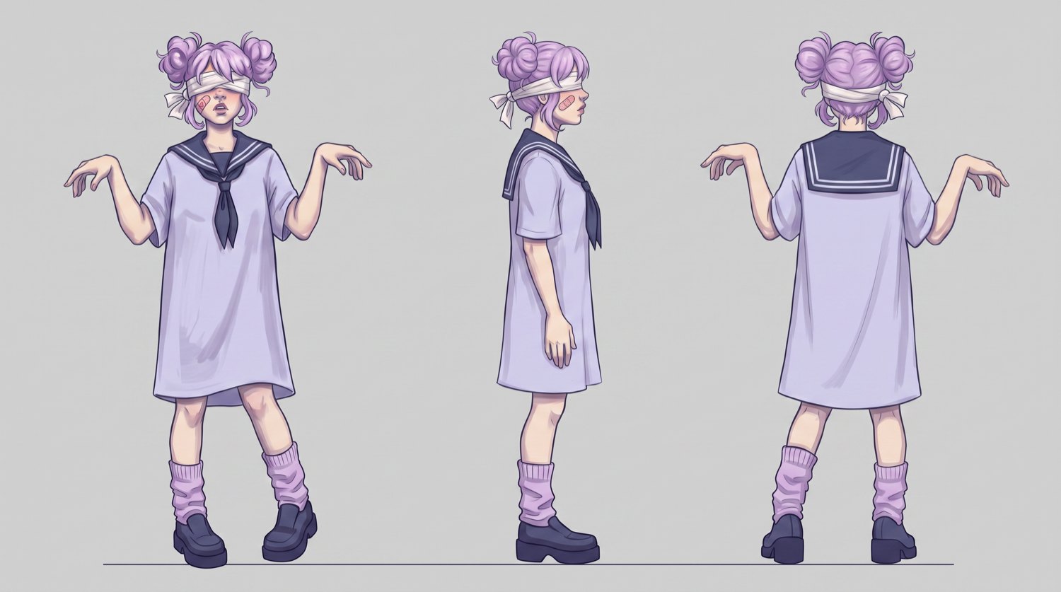 A deliberately unstyled turnaround of the figure, showing geometry and costume only