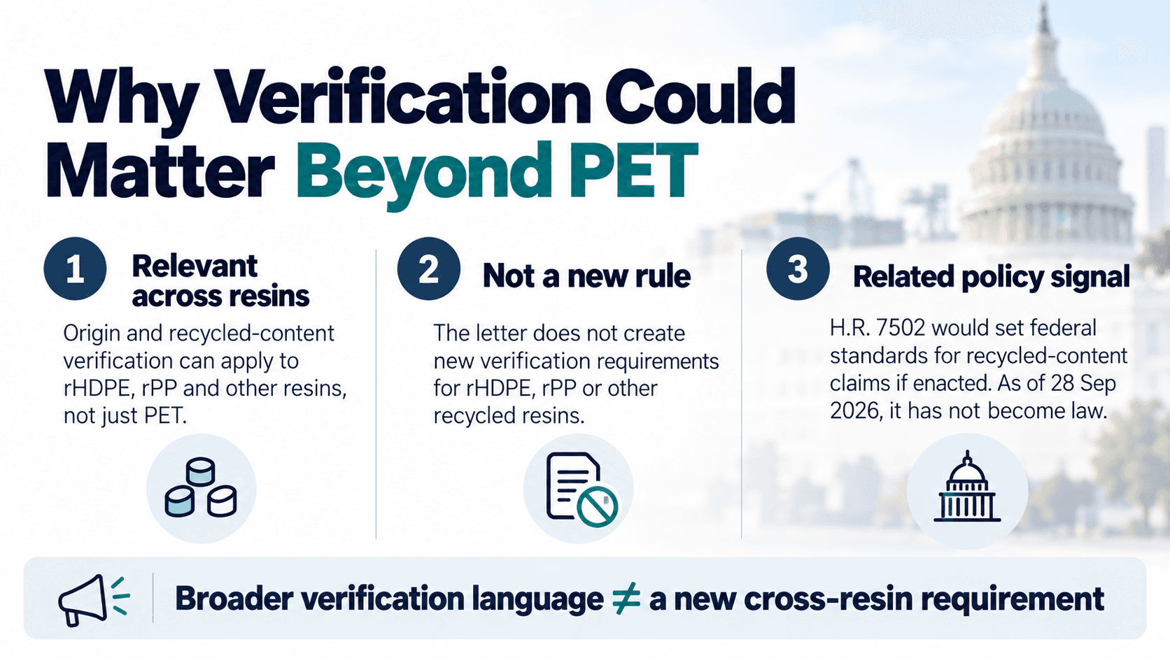 Infographic on why recycled-content verification could extend beyond PET — noting it applies across resins, creates no new rHDPE or rPP rule, and links to the related H.R. 7502 recycled-content marketing bill