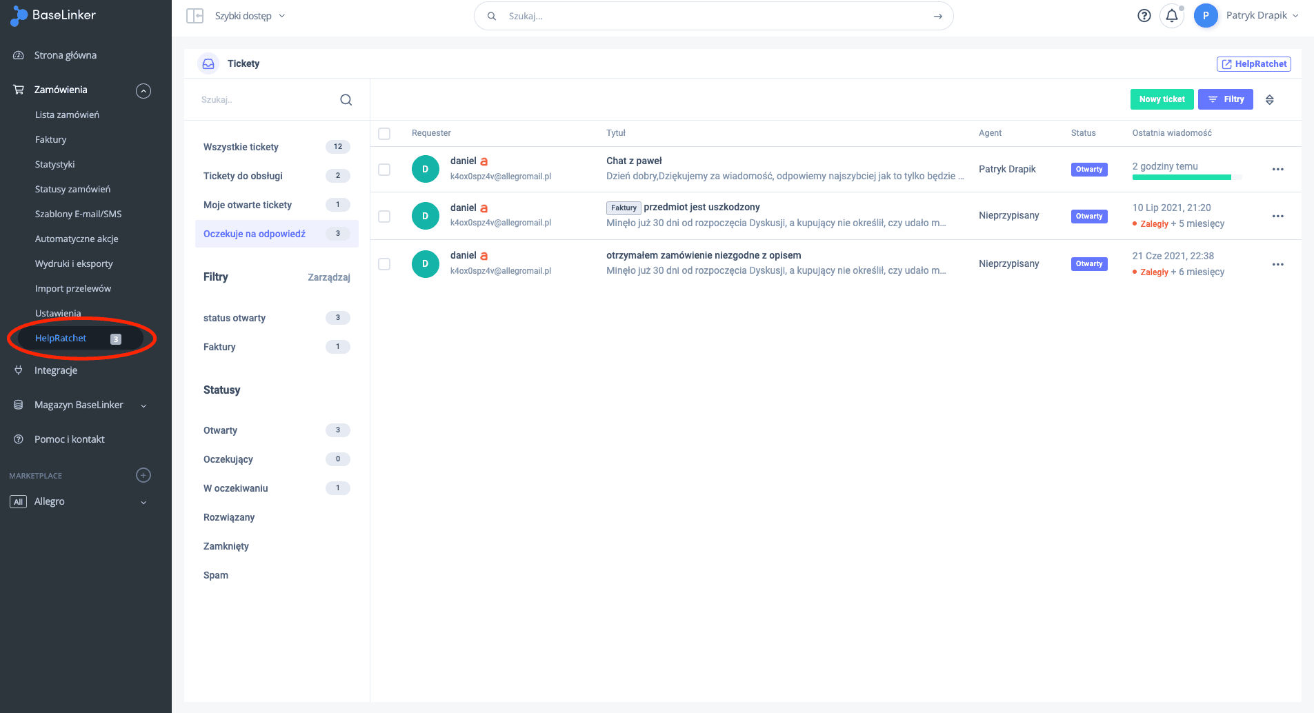 Inbox Responso osadzony w panelu Base