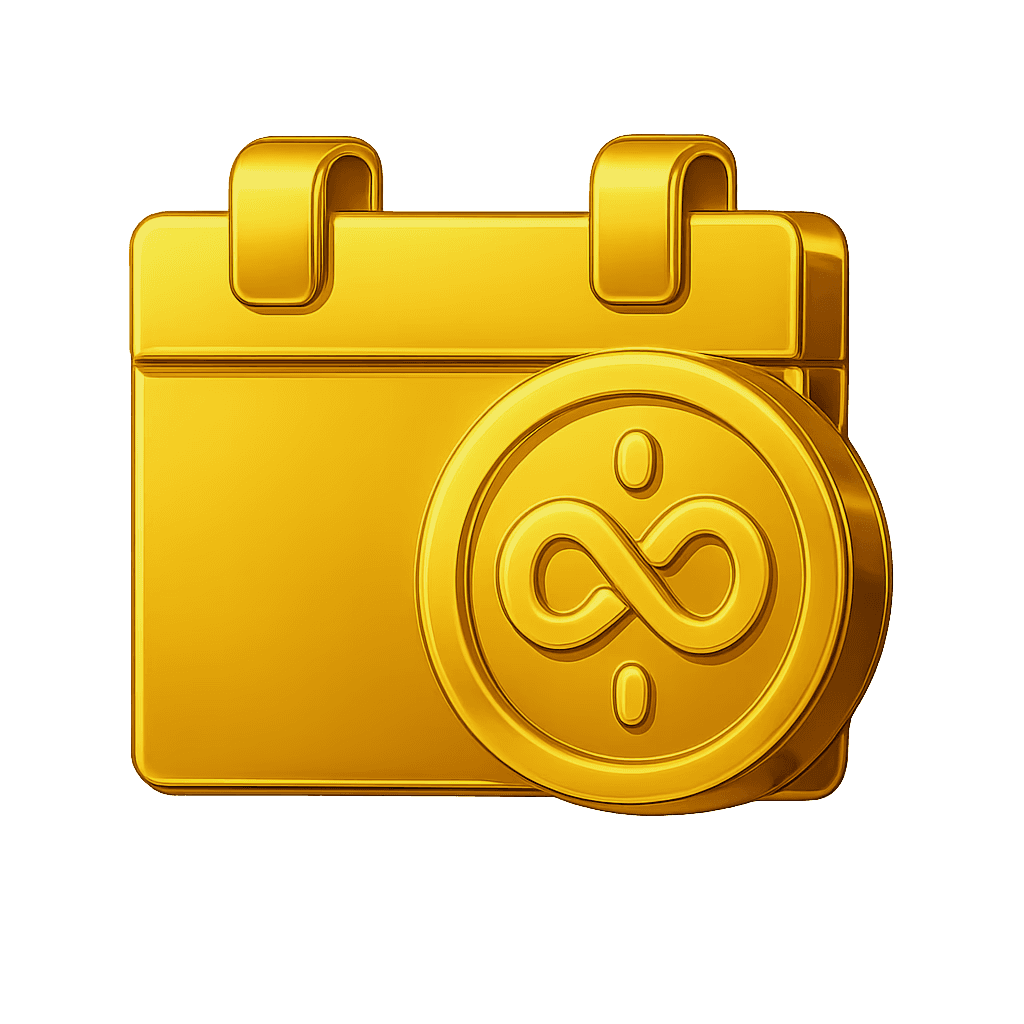 3D blue calendar icon with an infinity symbol in front