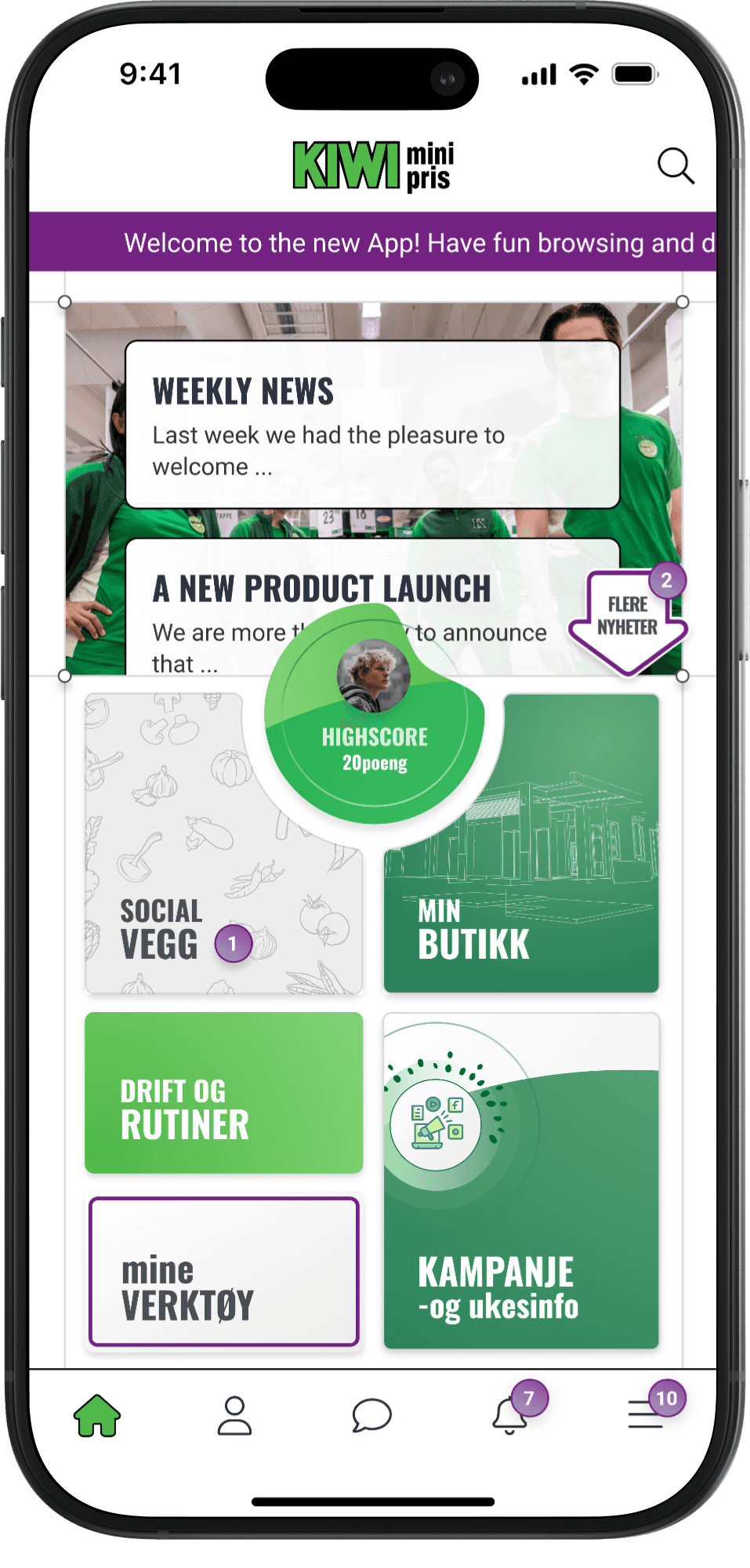 Mobile app interface showing the KIWI mini pris internal app home screen with news, navigation, and store-related features.