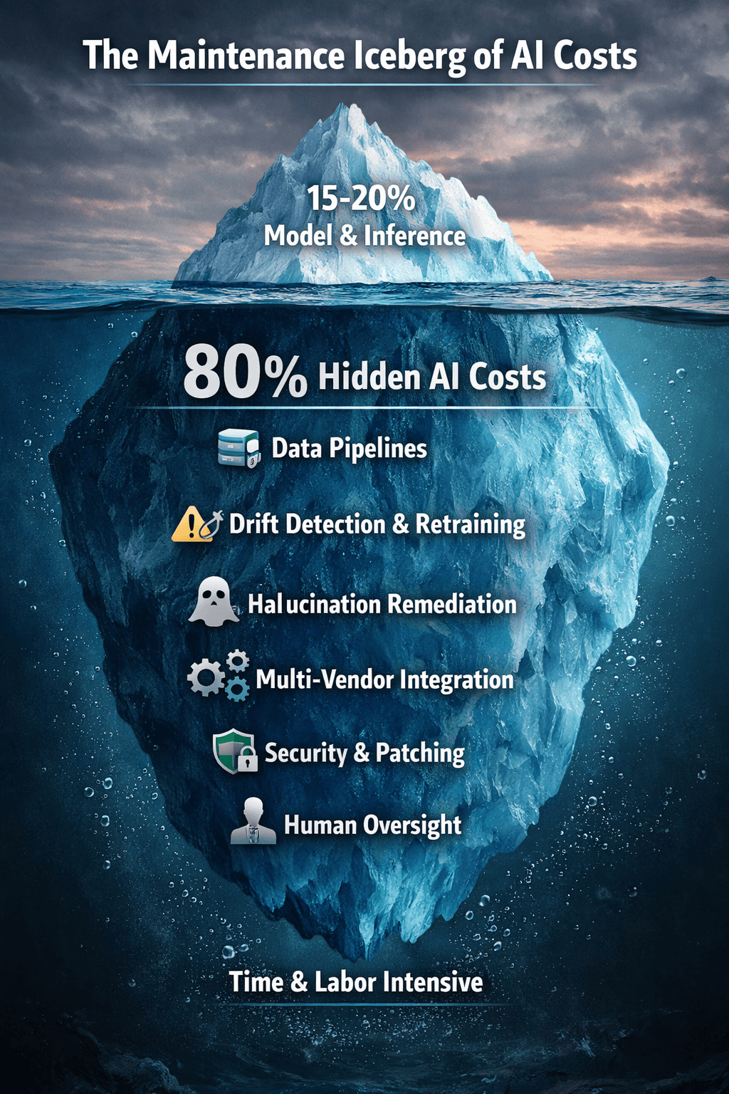 An iceberg illustrates AI costs. Top shows 15-20% visible costs. Below water, text reveals 80% hidden costs like data pipelines, retraining.