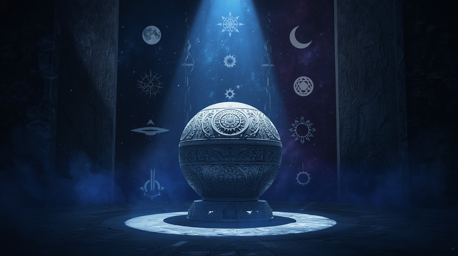 Symbolic cinematic composition showing a large stone sphere with intricate carvings surrounded by abstract icons
