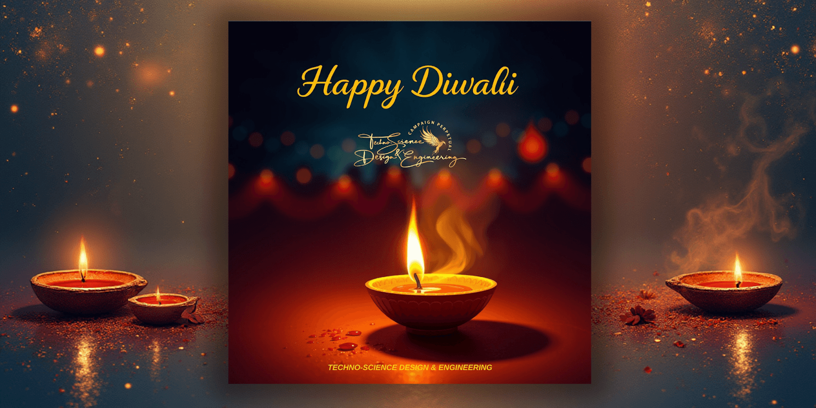 Happy Diwali greeting with illuminated diyas, celebrating light, hope, and innovation, from Techno-Science Design & Engineering.