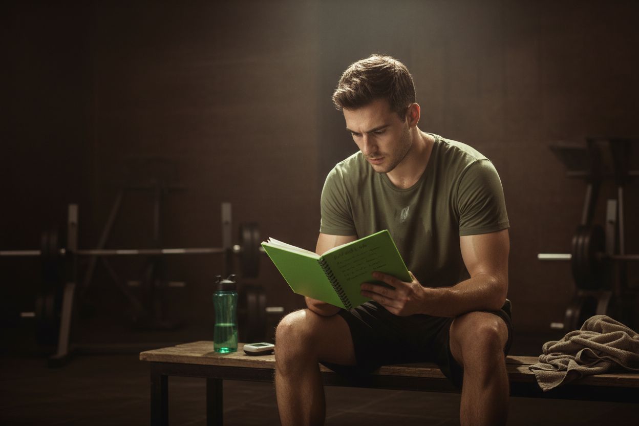 A beginner checking workout notes after a training session