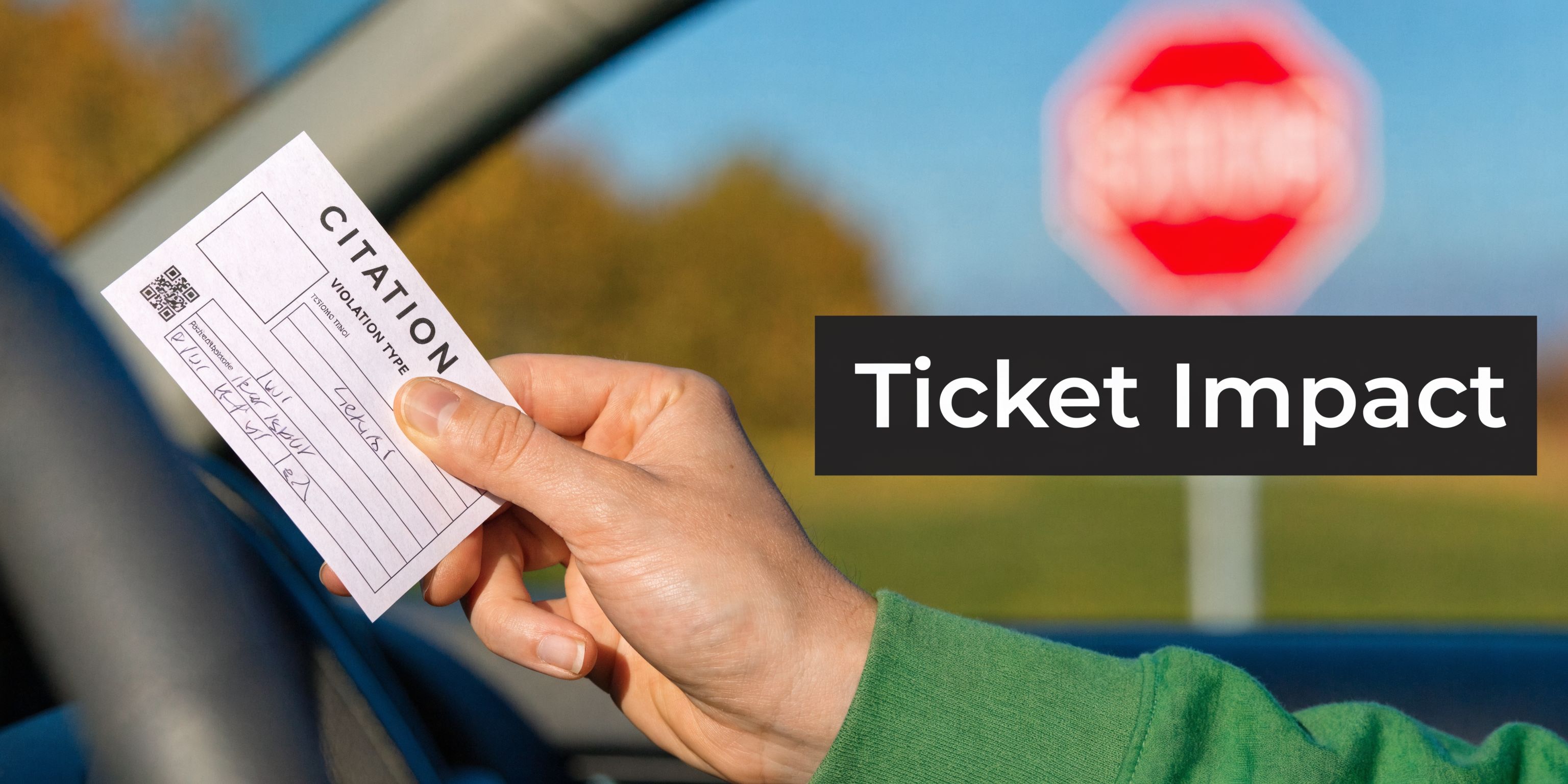 A hand holding a parking ticket in front of a blurred stop sign and car interior.