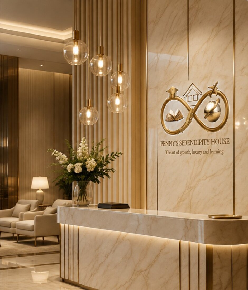 Penny's Serendipity House reception area with marble desk, pendant lights, floral arrangement, and branded wall logo.