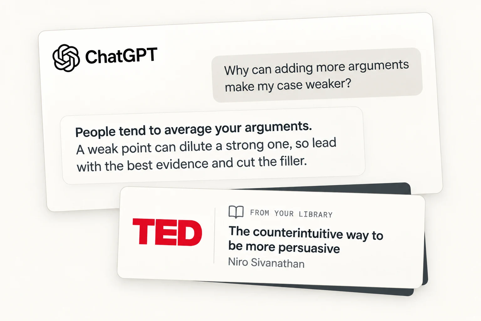 ChatGPT answering a question about stronger arguments, naming the TED talk in the learner’s library