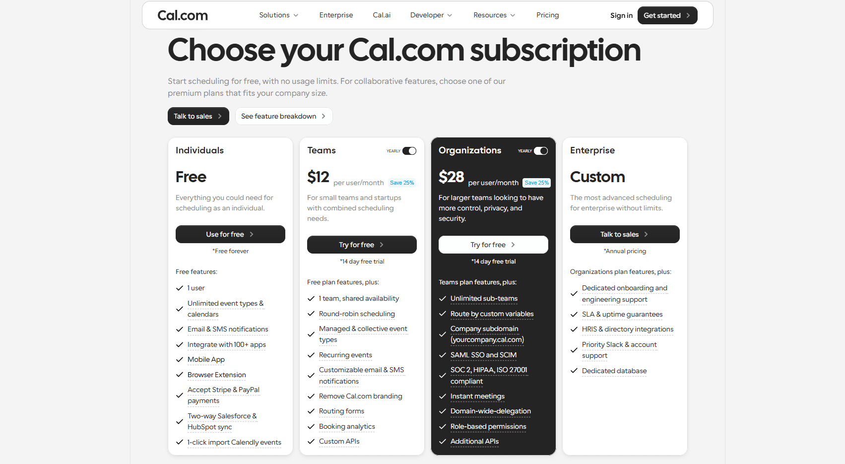 Cal.com subscription plans