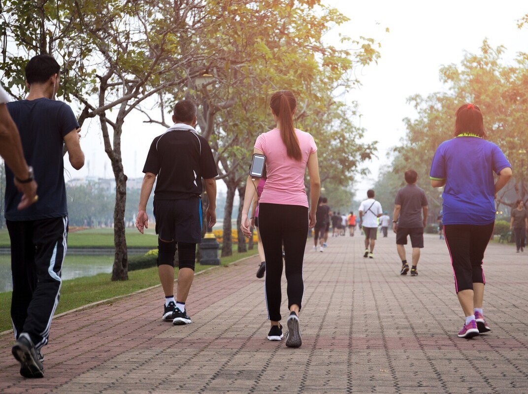 a group of people doing how many steps for weight loss down a park trail
