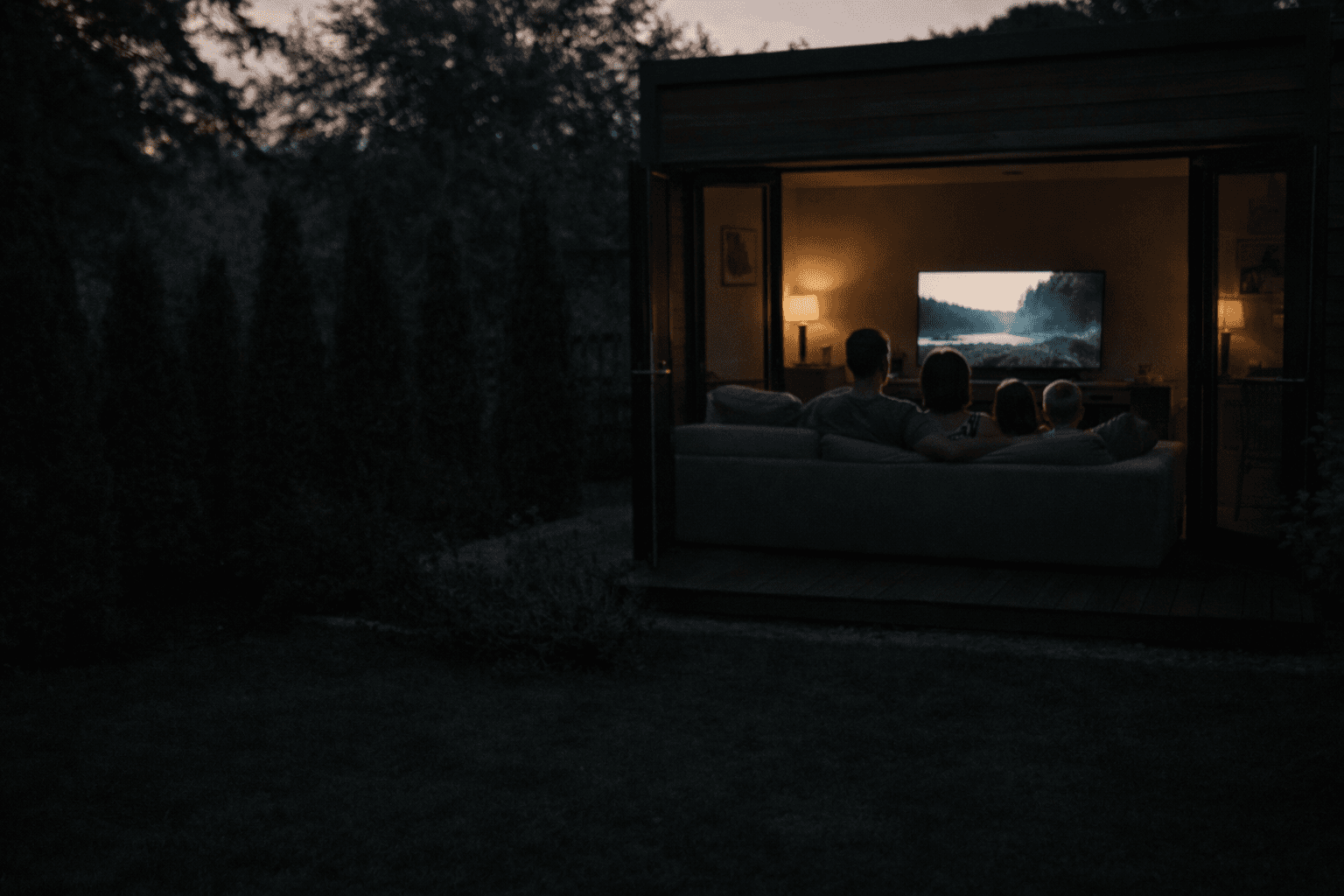 rodzina oglądająca telewizor w salonie, wieczór w domu