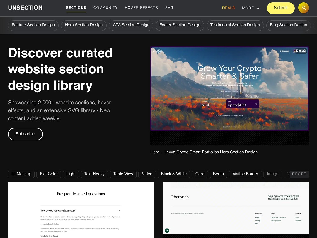 Curated website design library showcasing sections and hover effects.