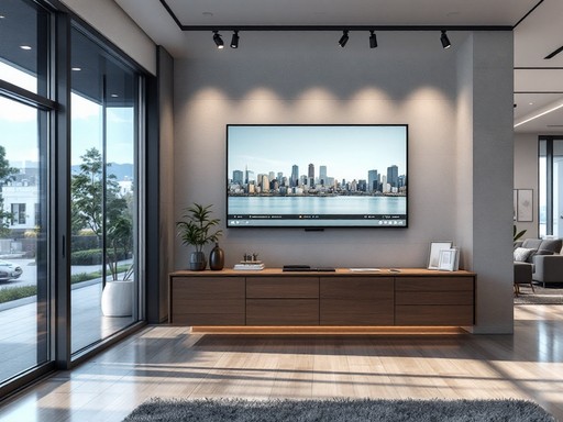 A modern living room with a large TV screen showing a cityscape.