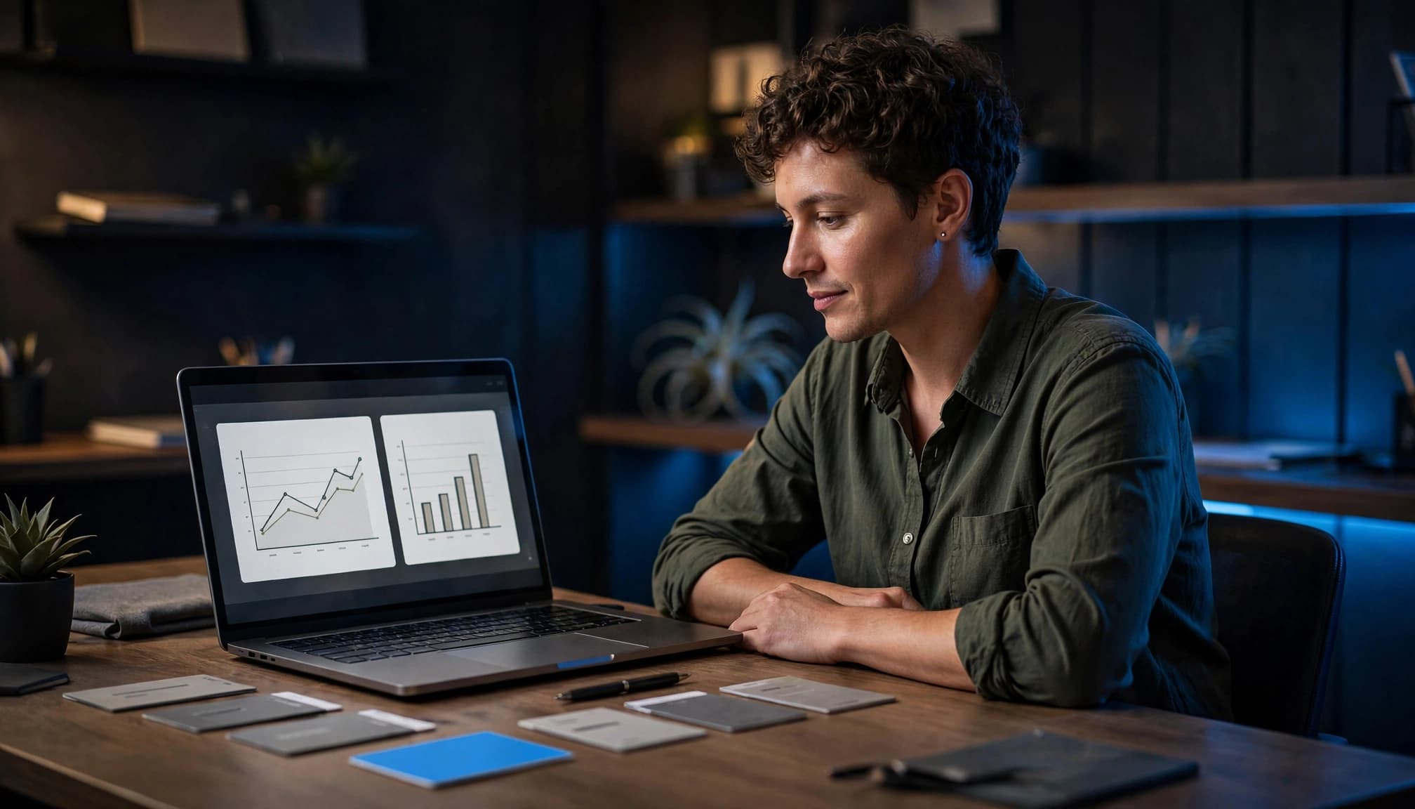 An operator reviews ad charts beside one blue card among gray cards.