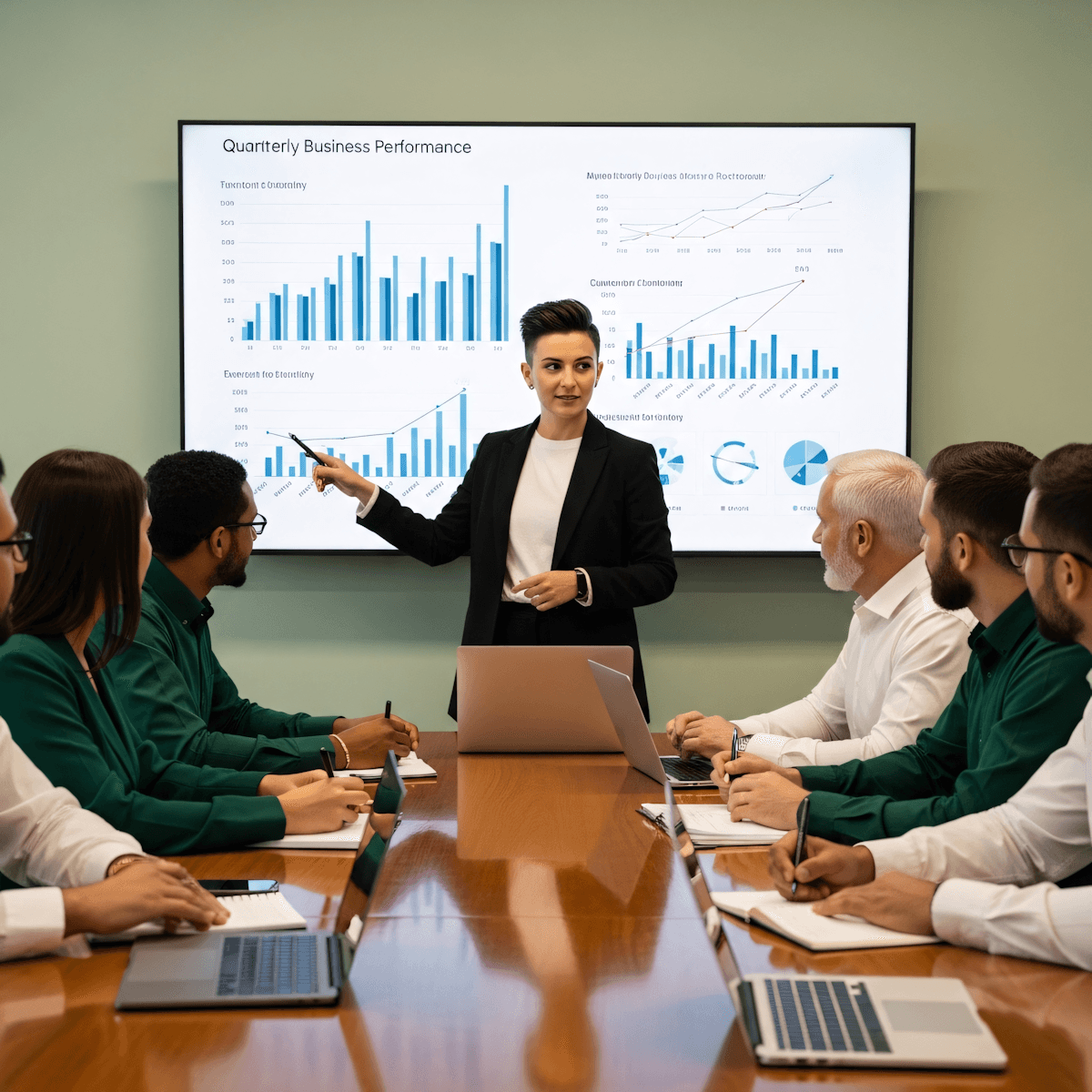 Work meeting with a screen containing statistics